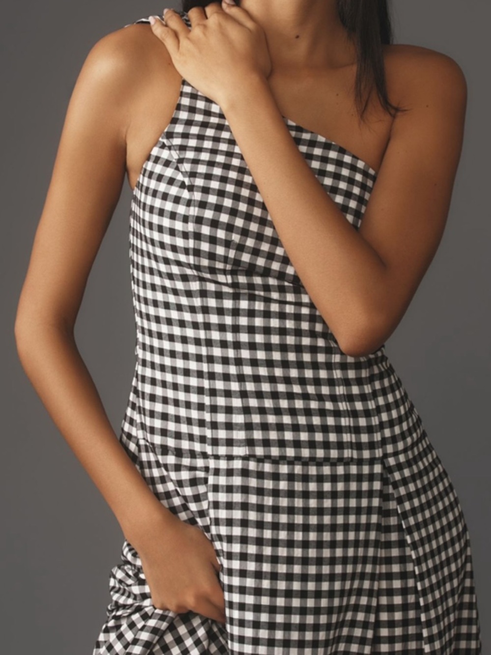 NWT Anthro Gingham One-Shoulder Midi Dress XS - Picture 5 of 15